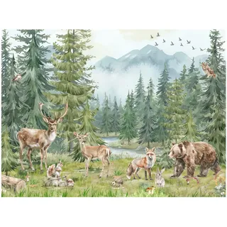 Fototapete Kinderzimmer, Wald, Waldtiere Bäume, Fluss, Bär, Berge, Reh, Kiefer, Tapeten für Kinder Babyzimmer Vlies Tapeten wandtapete Mädchen und Jungen. Tapete nach Maß 1m2