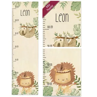 Messlatte Kinder - Süßer Löwe und Niedliches Faultier mit Namen - 50-110 cm - Holz - personalisiertes baby personalisierte personalisierter