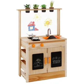 Costway Matschküche Kinderküche, Outdoor Holz, mit Pflanzentöpfen