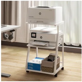 Puncia Druckertisch mit Rollen 3-Ebenen Druckerständer 50 x 40 cm | Druckerwagen aus Holz & Metall mit verstellbarer Ablage Druckerregal Druckerhalter für Drucker Kopierer Scanner Büro Weiß