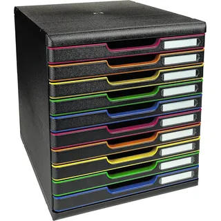 Exacompta MODULO A4 Schubladenbox Schwarz/Harlekin, 10 geschlossene Schubladen A4/A4+, leise, Sicherheitsstopp, stapelbar