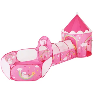 SONGMICS 3-in-1 Spielzelt, Pop-up, mit Tunnel, Bällebad, Basketballkorb, für Kinder, für innen und außen, mit Einhorn-/Prinzessinen-Motiv, Geschenkidee, zum Geburtstag, pink LPT701P01