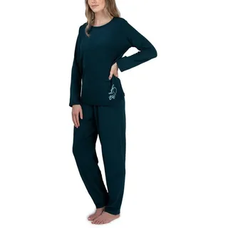 Moonline Pyjama Damen Frottee-Schlafanzug mit Motivdruck grün L