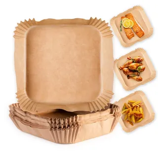 GOURMETmaxx Backpapier für Heißluftfritteuse 2 bis 5 Liter | Backpapierschale antihaftbeschichtet & ölbeständig | Airfryer Backpapier – flexible Form | 50 Stück – 16 x 16 x 4,5 cm