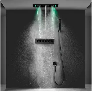Oihpaw Duschsystem 4 Funktions LED Thermostat Duschset, 380x700mm, 1 tlg., Regenmodus, Hydrotherapie Strahl, Handbrause, Massage Wasserfalldusche schwarz