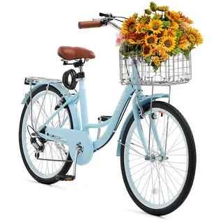 Vevor Cruiser Fahrrad mit 7 Gängen (Reifendurchmesser 61 cm)Beach Fahrrad mit großem Korb & Gepäckträger, Cruiser-Fahrrad mit verstellbarem Sitz, für Radfahren & Trainieren & Einkaufen Blau