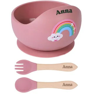 TYRY.HU Kindergeschirr Set mit Namen,Baby Silikon Geschirrset,Einschließen Babyschüsseln mit Saugnapf Löffel und Gabel Fütterung,Entwöhnungszubehör für Kleinkinder Babyfütterungsset