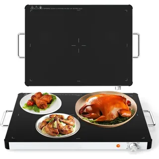 Goplus Elektrische Warmhalteplatte, Wärmeplatte mit 30°C-120°C einstellbare Temperatur, gehärteter Glas & Seitengriffe, Heizplatte Buffetwärmer für Partys (L, 61 x 42 x 4 cm)