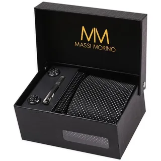 MASSI MORINO Krawatte Schwarz Gepunktet mit Einstecktuch Set Herren inkl. Manschettenknöpfe, Krawattennadel und Geschenkbox | Männer Krawattenset zur Hochzeit - Einheitsgröße