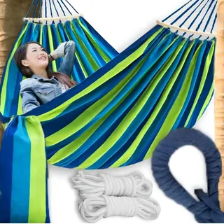 Garten-Hängematte auf einem Gestell 80x200 cm blau Bequeme blau-gestreifte Garten-Hängematte mit Gestell Für den Innen- und Außenbereich, Hängeschaukel, Gartenzubehör, Campingzubehör