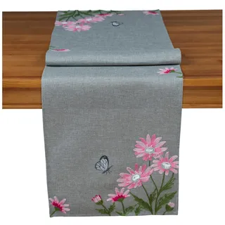 Läufer Tischdecke Leinen-Optik Bestickt Deko Esszimmer Serie Margariten Blumen Tischwäsche grau Stickerei Schmetterling Tischband Frühling Typ886 Tischläufer 40x140 cm rosa