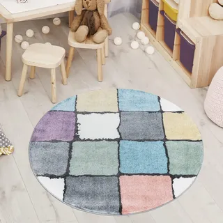 carpet city Teppich Kinderzimmer - Jugendzimmer-Teppich - 160 cm Rund - Multi - Modern Karo-Muster - Runder Kinderteppich Kurzflor - Moderner Teenager-Teppich