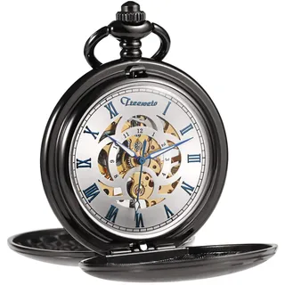 TREEWETO Taschenuhr Unisex Taschenuhr mit Kette Analog Mechanisch Handaufzug Doppelscharnier Antik Römische - Schwarz Blau