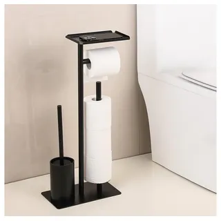 Toomoke Toilettenpapierhalter Freistehender WC-Garnitur mit Bürste Beweglicher Klopapierständer (Modernes Design, toilettenpapierhalter stehend,für Hotels, Mietwohnungen oder Haushalte), 1-St.,mit Ablage Ersatzrollenplatz,Klobürste,Hochwertiger Edelstahl schwarz