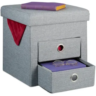 Relaxdays Sitzhocker mit Stauraum, 2 Schubladen, Griffe, modern, faltbar, gepolstert, Hocker HBT: 39 x 37 x 37 cm, grau