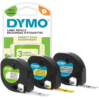 DYMO Original LetraTag Etikettenband | Papier/Kunststoff/Metall | 12 mm x 4 m | selbstklebendes Etiketten | für LetraTag-Beschriftungsgerät | 3 Etikettenkassetten