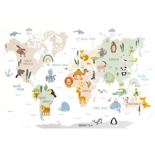 Weltkarte Tiere Wandtattoo Weltkarte Kinderzimmer Wanddeko, Kinderzimmer weltkartes Wandaufkleber, Wandtattoo Kinderzimmer Wandsticker weltkartes Tiere für Junge Mädchen Schlafzimmer Wanddeko