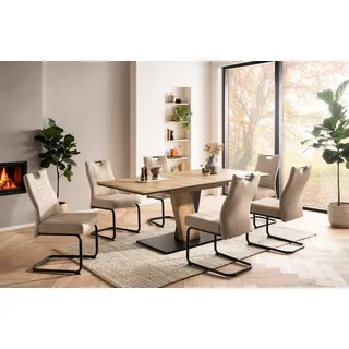 OTTO home Essgruppe "Altona", Esstisch ausziehbar plus 6 Stühle, (7-tlg., Esstisch ausziehbar 140 - 180 cm, 6 Freischwinger), Säulentisch 140-180x90 cm, Stuhl mit Federkorb, 140 kg belastbar beige