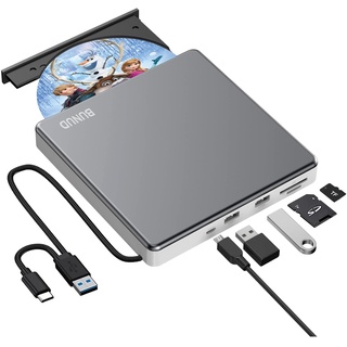 BUNUD Externes DVD Laufwerk, CD Laufwerk Extern USB mit 2 USB SD TF Ports, Externer CD/DVD Brenner und Player, Externes CD Laufwerk für Laptop Windows Mac PC MacBook