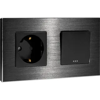 Navaris Lichtschalter mit Schuko Steckdose - mit Aluminium Rahmen - Design Glas Schalter einfach - Aufputz Wippschalter Wandschalter in Schwarz