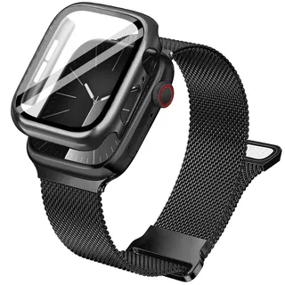 Ocaer Kompatibel mit Apple Watch 11 10 Armband+Hülle 46mm, Metall Magnetisch iWatch Armband mit Bildschirmschutz für Apple Watch Series 11 Series 10, Edelstahl Milanese Loop Band (Schwarz, 46mm)