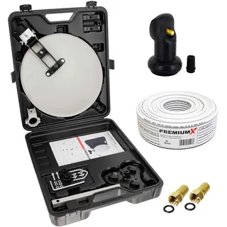 PremiumX mobile Camping SAT Anlage Satellitenschüssel Single LNB 10m Kabel 2x F-Stecker Tischhalter Masthalter Saugfuß im Koffer Camp Zubehör