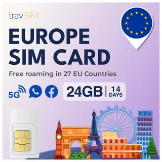 travSIM SIM Karte Europa | 24 GB Daten mit 4G/5G-Geschwindigkeiten | Nur Daten-SIM | Verwendung der Europa-SIM-Karte in 27 Ländern in der EU | Plan auf SIM-Karte für Europa gültig für 14 Tage