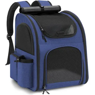 Hunderucksack bis 10kg, Haustier Rucksack mit Netzfenster, Faltbare Katzenrucksack Hunde Rucksack, Atmungsaktive und Leichte Dog Cat Backpack mit Innerer Sicherheitsleine und Haustiermatte - Blau