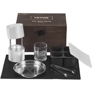 Vevor Ice Ball Maker Eiskugelpresse Satz 60 mm, Eiswürfelform Eiskugelform mit Tropfschale & Eiszange & Glas, Strapazierfähige Eiswürfelformen Eiswürfelbehälter Silber Whisky, Americano