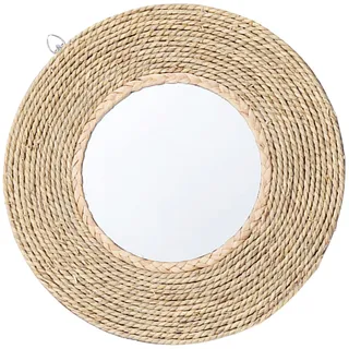 Runder Boho-Wandspiegel, runder Wandspiegel mit Holzsockel, runder Wandspiegel mit Grasmaterial, runder Spiegel mit robustem Holzrahmen, runder Spiegel für Schlafzimmer, Schminkzimmer, Badezimmer, Woh