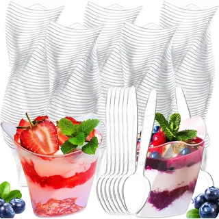 WDZGX Dessertgläser Dessertbecher 100ml 50Stk Dessertbechern Dessertschalen Plastik Wiederverwendbar mit Löffeln für Desserts Mousse Pudding Eis Buffets Dessertparty Picknick