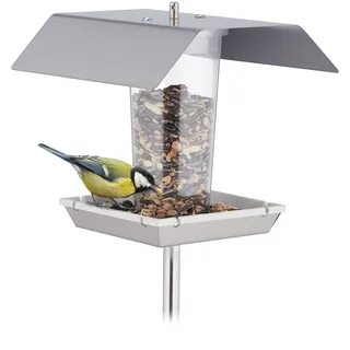 Relaxdays Vogelfutterhaus Edelstahl, Vogelfutterspender zum Aufhängen, mit Erdspieß, Futterstelle für Wildvögel, Silber, 16 x 17.5 x 17 cm