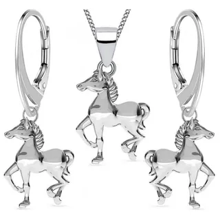 Goldene Hufeisen Schmuckset Pferde Set Anhänger 40cm Kette Brisur Ohrringe 925 Silber Mädchen (4-tlg, inkl. Etui), Mädchen Geschenkset silberfarben