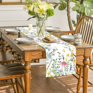 YUZHEDM Tischläufer Sommer, Tischläufer Leinen, Table Runner, Tischdeko Outdoor, Blumen Abwaschbar Gänseblümchen Dekor für Esszimmer Party Urlaub Küche Drinnen Dekoration (40 x 180 cm)