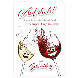 KE - Glückwunsch-Karte zum Geburtstag, Wackelaugen Design, mit Umschlag, DIN B6, lustige Geburtstagskarte mit Kulleraugen Mann Frau, Motiv: Wein