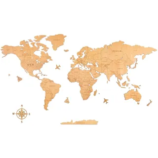 Creawoo Weltkarte Wanddekoration aus Holz, Natur Weltkarte Reisekarte Wanddeko Wandkunst für Büro, Wohnzimmer, Schlafzimmer (200x114 cm)