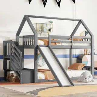 KUAKE Kinderbett Etagenbett 90x200 cm für 2 Kinder, Hochbett Hausbett mit Stauraum Treppe und Rutsche, Holzbett mit Rausfallschutz und Lattenrost aus Holz, Weiß, Ohne Matratze(Grau)