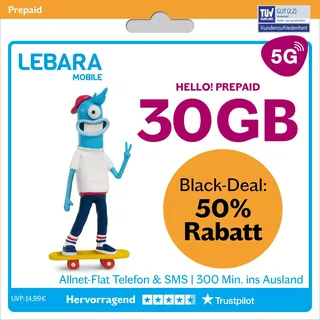 LEBARA Hello! 30 Prepaid SIM-Karte | Handy-Tarif ohne Vertrag | inkl. Allnet Flat Minuten & SMS in alle dt. Netze + 30 GB inkl. 5G + 300 Minuten ins Ausland + EU-Roaming