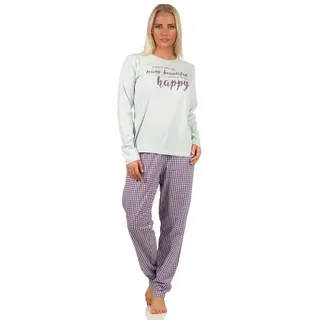 RELAX by Normann Pyjama Damen langarm Schlafanzug mit Schriftzug und karierter Hose - 66536 blau 40-42