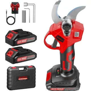 SOARFLY Akku Astschere, Akku Gartenschere mit 2x2000mAh Batterien, 35mm Maximaler Schnittdurchmesser, Brushless Motor mit LCD Display und Energiesparfunktion für Garten und Obstbäume (Rot)