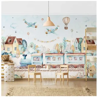 Bilderdepot24 Kindertapete Aquarell Eisenbahn Party Kinderzimmer, Glatt, Matt, (Vliestapete inkl. Kleister oder selbstklebend), Mädchenzimmer Jungenzimmer Babyzimmer Bildtapete Fototapete Wandtapete grün 432 m x 290 m