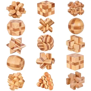 Holzsammlung 15 Stück Knobelspiele Holz, Geschicklichkeitsspiel Holz, Logikspiele IQ Spiele Geduldspiel Knobelspiele, 3D Mini Puzzle Denkspiele Spielzeug Geschenk Set für Erwachsene & Kinder, 4.5cm