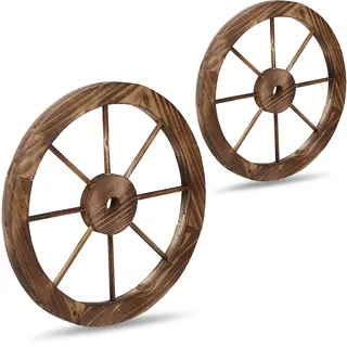 Relaxdays Wagenrad aus Holz, 2er Set, Deko für Garten, Terrasse, Veranda, rustikales Speichenrad, Saloon, Western