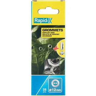 Rapid Ösen Set 12mm mit Scheiben 25 Stk. inkl. Einschlagwerkzeug für Plane und Stoffe grau/silber