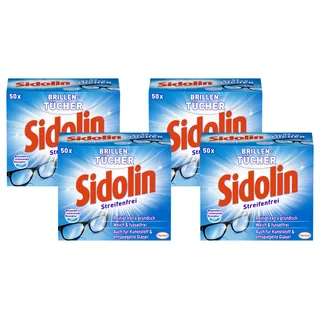 Sidolin Brillenputztücher (50 Stück), feuchte Reinigungstücher für Brillen, Displays, Bildschirme, reinigen mühelos und fusselfrei, optimal für unterwegs (Packung mit 4)