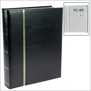 SAFE Schwäbische Albumfab SAFE Briefmarkenalbum, 64 weiße Seiten, 10 Streifen, schwarz | Großformatiges Einsteckbuch in Leder-Optik mit doppelten Pergamin-Zwischenblättern, Doppelgelenken und Goldprägung
