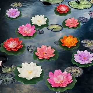 Happy Trees, 12 Stück künstliche schwimmende Schaumstoff-Lotosblumen mit Seerosenblatt, naturgetreue Dekoration für Zuhause, Garten, Teich, indische Dekorationen, Dankesgeschenke