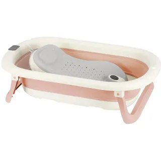 Babybadewanne Faltbar mit Standfuß & Thermometer – Baby Wanne Ergonomisch, Platzsparende Badewanne für Zuhause & Reise(Rosa)