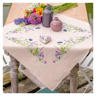Vervaco Tischdecke Plattstich Stickpackung Lila Gartenpracht, Stickbild gedruckt, 77x77cm