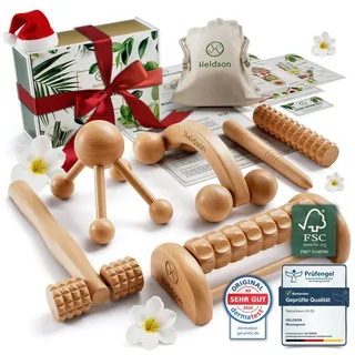 HELDSON HELDSON® Premium Massage Set Holz [6 Teile] FSC®100% - Diverse Massagegeräte & Massage Roller - Fußmassage, Kopfmassage, Triggerpunkt Drücker - Entspannung Therapie Tools - Anti Cellulite, Stress